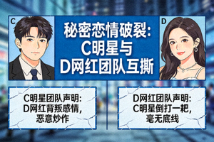 C明星与D网红秘密恋情破裂 - 双方团队互发声明指责对方背叛